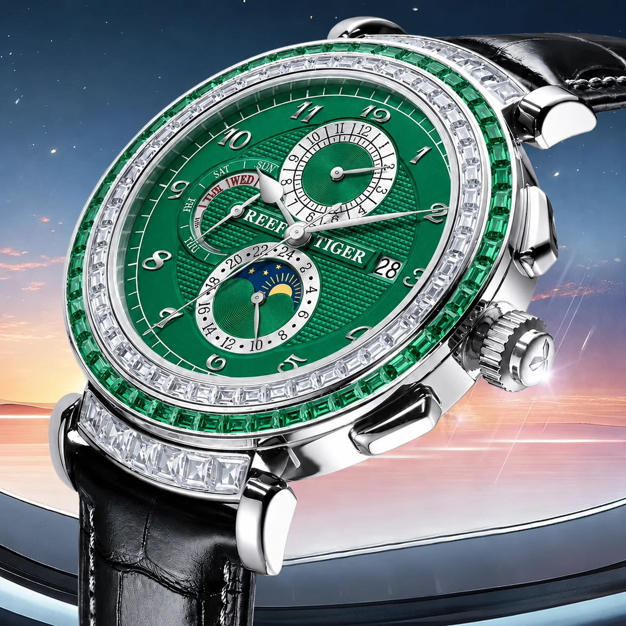 Men's Dress Watch – Moon Phase Date – Leather Strap – Green | KIMLUD