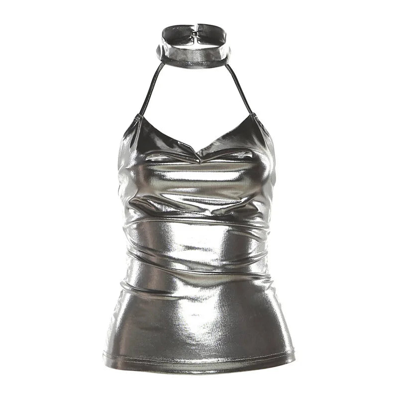 Shiny Silver Patent Leather Tank Top Women Slim Halter Crop Tops Backless Camisole Female Tube Top Cropped Vest