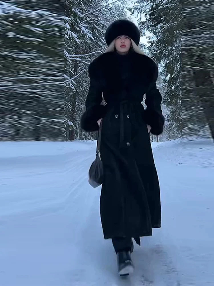 Fur Collar Coats For Woman Belt Long Jackets Winter Outwear Vintage Black Coat Double Breasted Tops Warmed Casual Lady Clothes