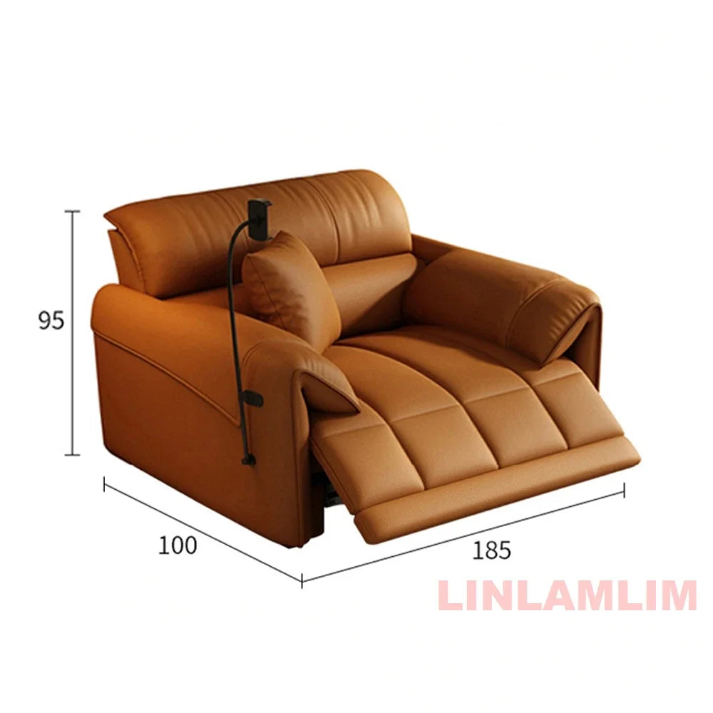 Italian Genuine Leather Electric Reclining Sofa With Adjustable Footrest USB And Foldable Center Console — Caramel Tan | KIMLUD