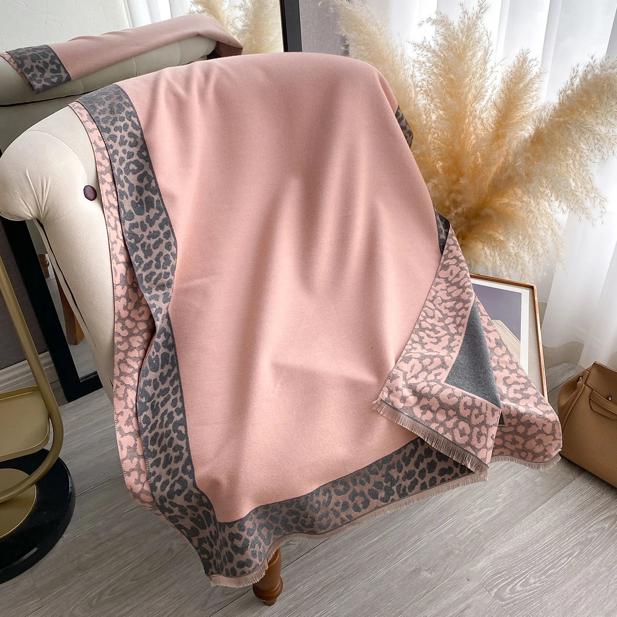 Cashmere Scarf Plaid Leopard Print Edge With Soft Knit For Winter Wrap — Blush Pink | KIMLUD