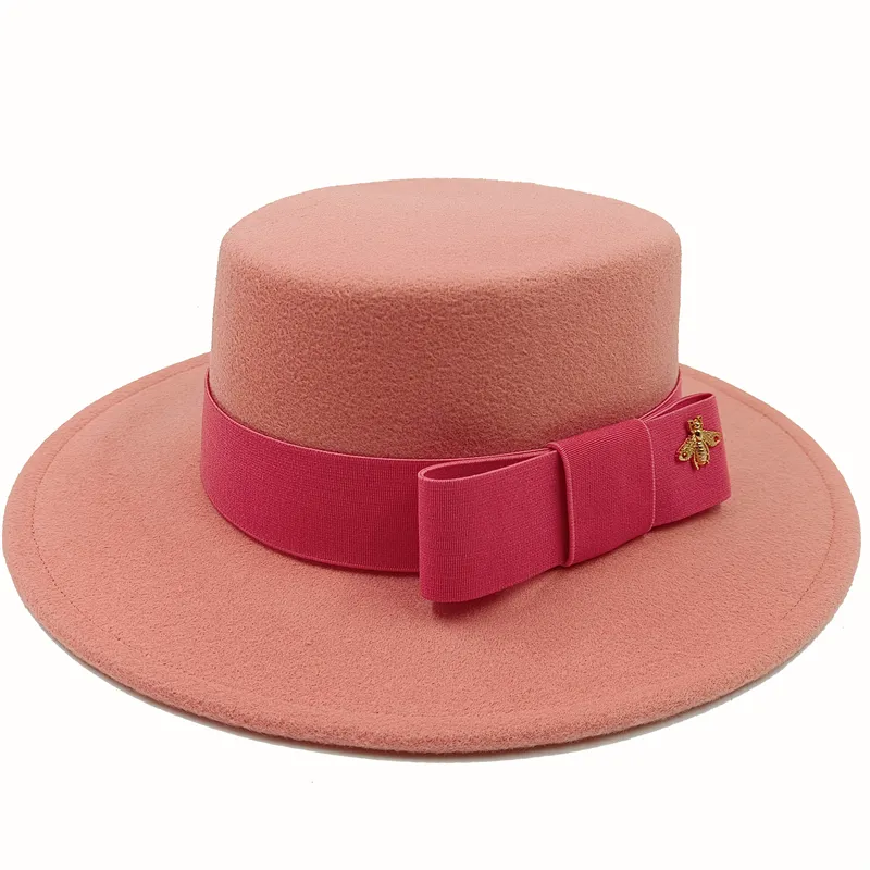 KIMLUD, Wholesale Fedora hats Winter round concave convex surface flat top bow elastic ribbon men&#39;s and women&#39;s felt jazz hats Fedora, 3 / China / 56-58cm, KIMLUD Womens Clothes