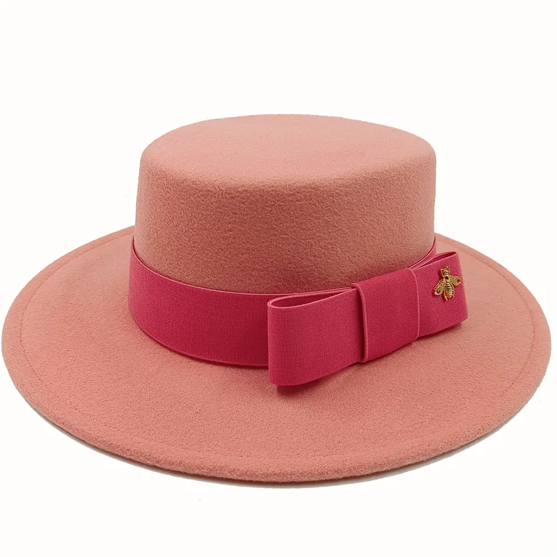 Wholesale Fedora hats Winter round concave convex surface flat top bow elastic ribbon men&#39;s and women&#39;s felt jazz hats Fedora - KIMLUD