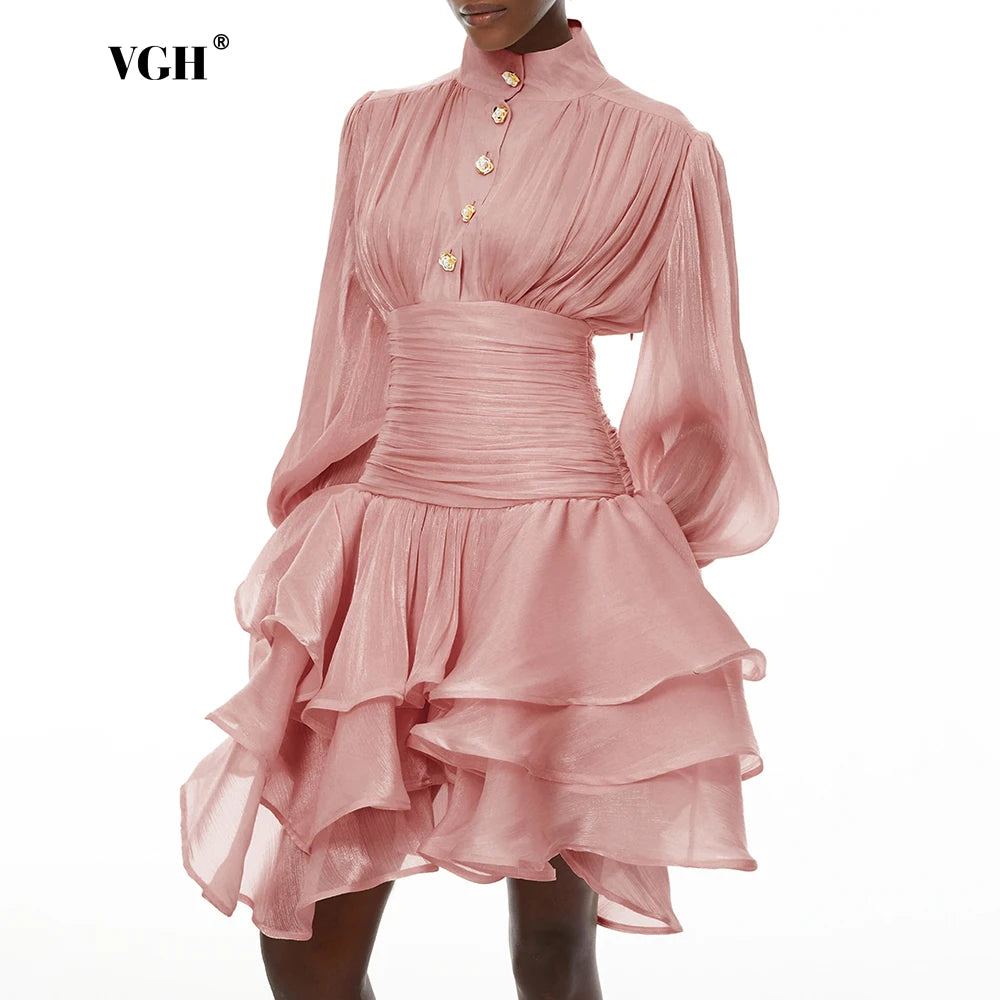 Elegant High Neck Organza Dresses Mini — Pink | KIMLUD