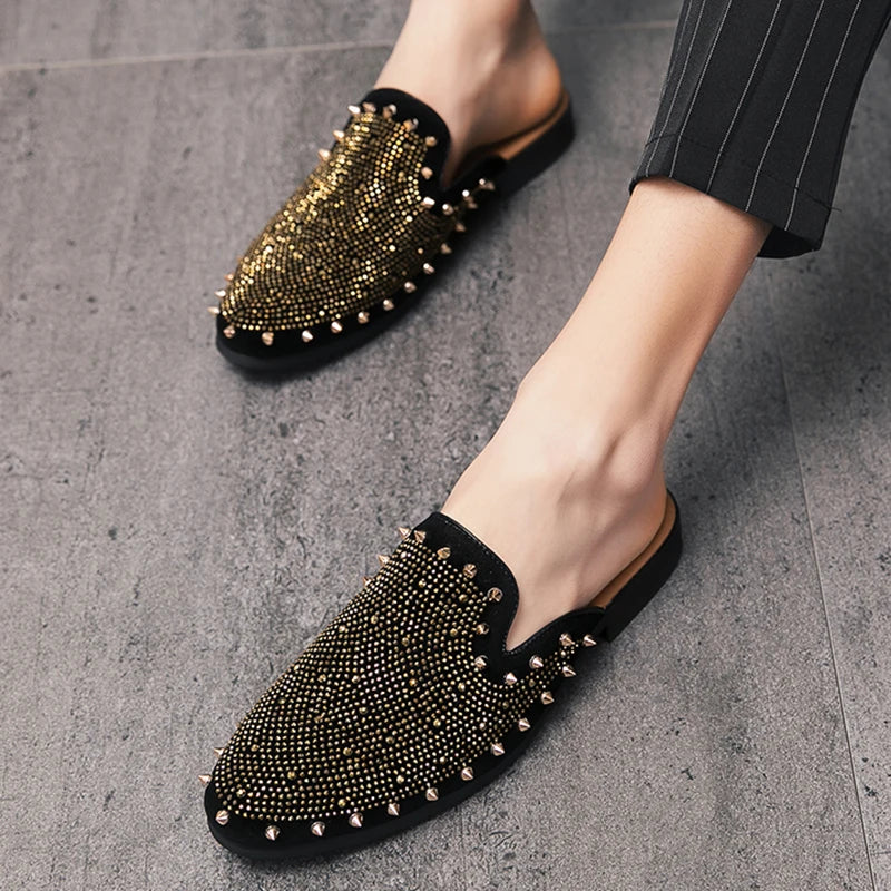 Patent Leather Mules With Gold Rivet Rhinestones And Punk Edge For Nightlife — Black | KIMLUD