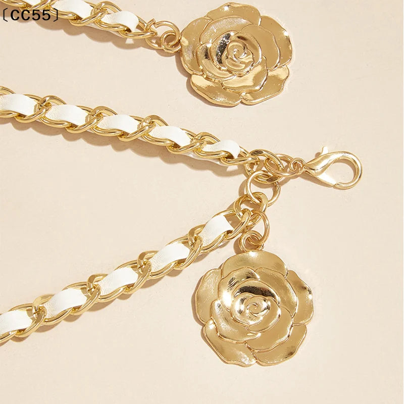 Metal Waist Chain Belt With Circular Flower Pendant And Fine Chain Strap — Gold | KIMLUD