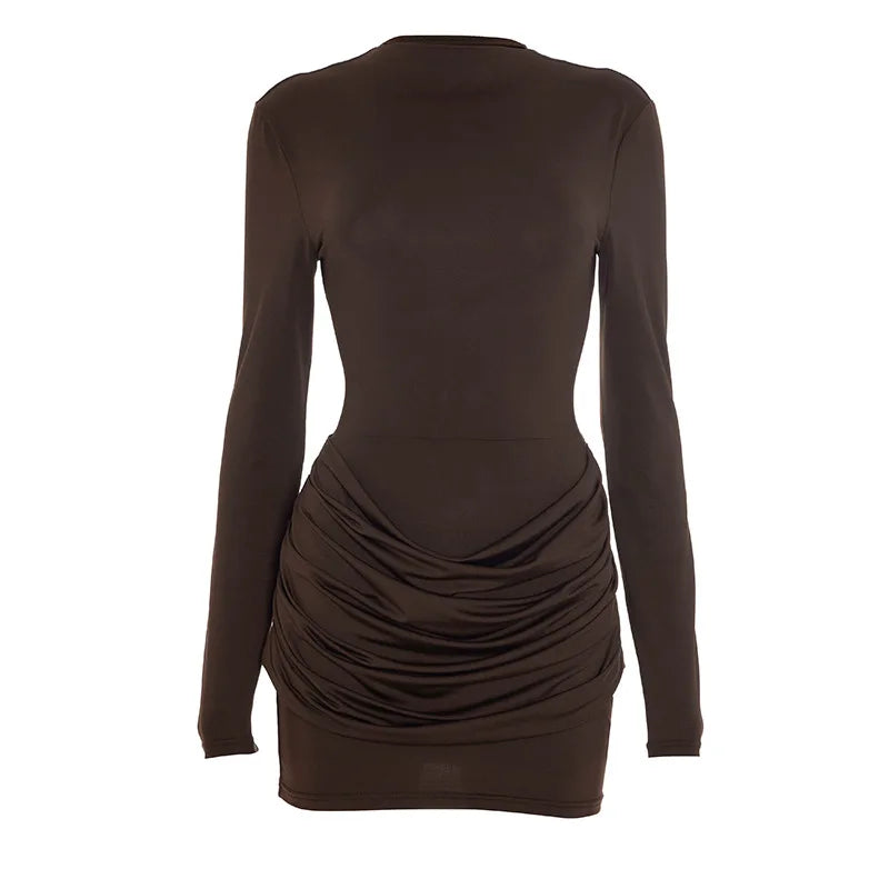 Polyester Pleated Stretch Long Sleeve Dress Gathered Hip Silhouette — Jet Black | KIMLUD