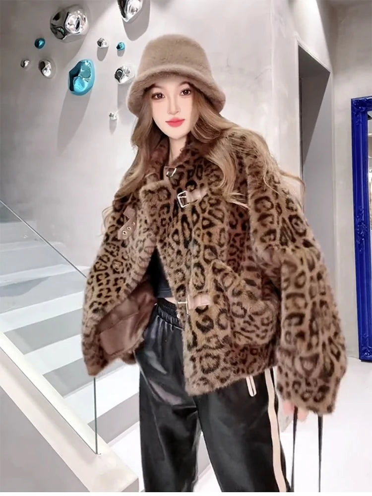 Lautaro Autumn Winter Short Luxury Soft Thick Warm Colorful Leopard Print Faux Fur Coat Women Loose Casual Fluffy Jacket 2024