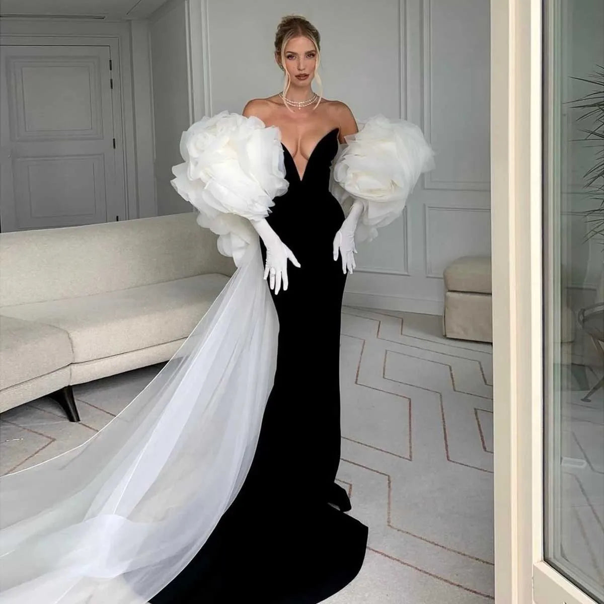KIMLUD, Stunning Black Mermaid Evening Dresses with Detachable Cape Train Tulle Ruffled Flower Chic Celebrity Gown Formal Occasion Dress, KIMLUD Womens Clothes