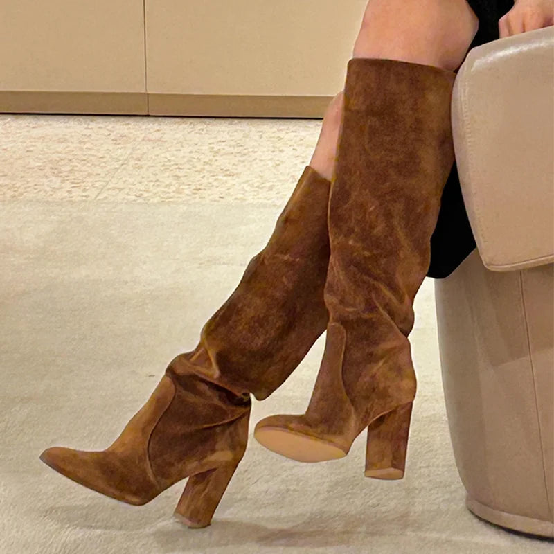 Sexy High Heels Women's Long Boots Fashion Elegant Suede Shoes 2025 Pumps Party Winter Boots New Suede Knee High Boots Mujer