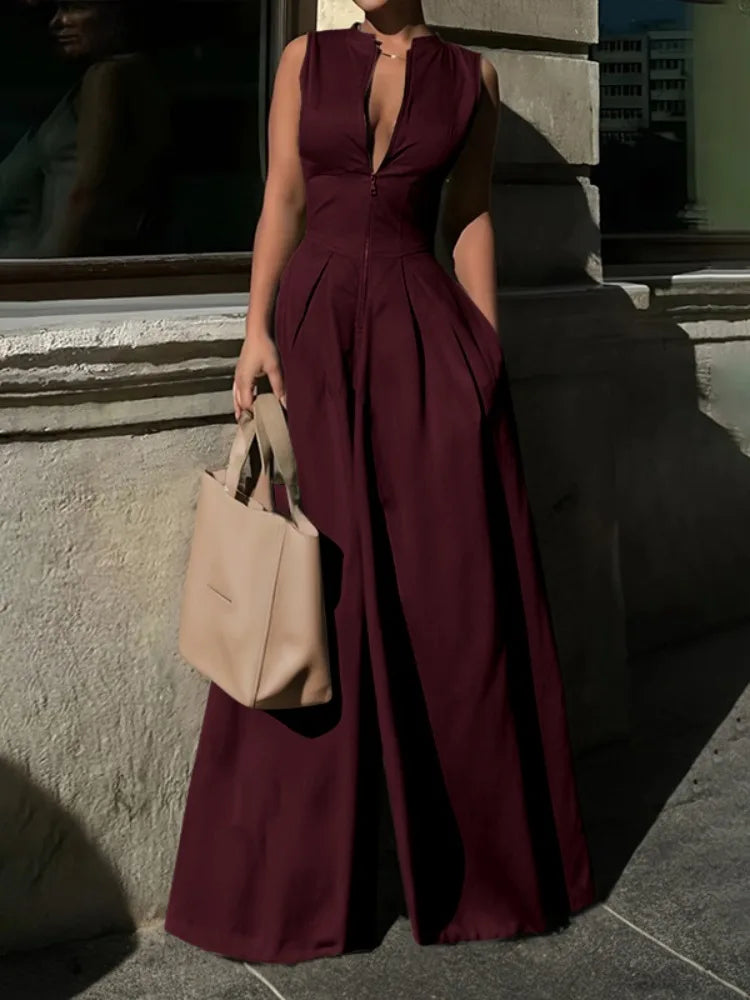 Polished Polyester Jumpsuit Sleeveless High-Waist Wide-Leg Pockets — Mustard | KIMLUD