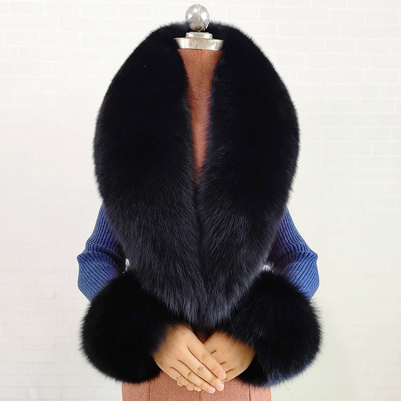 Fox Fur Solid Scarf And Cuff Set For Winter — Green | KIMLUD