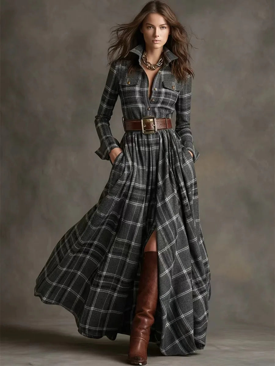 Polyester A-Line Dress Plaid Belted Retro Long Sleeve Turn-Down Collar — Black | KIMLUD