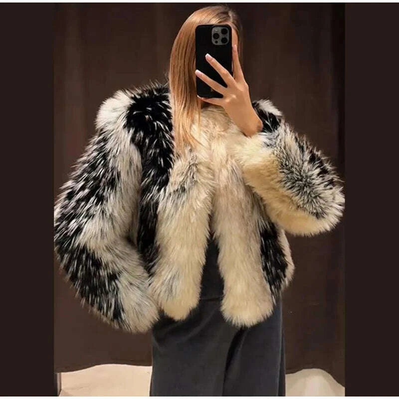 KIMLUD, Elegant  Fur Women's Coat O-neck Long Sleeve Thicken Warm Female Jackets 2025 Winter Fashion Panelled Furry Lady Outwears, KIMLUD Womens Clothes