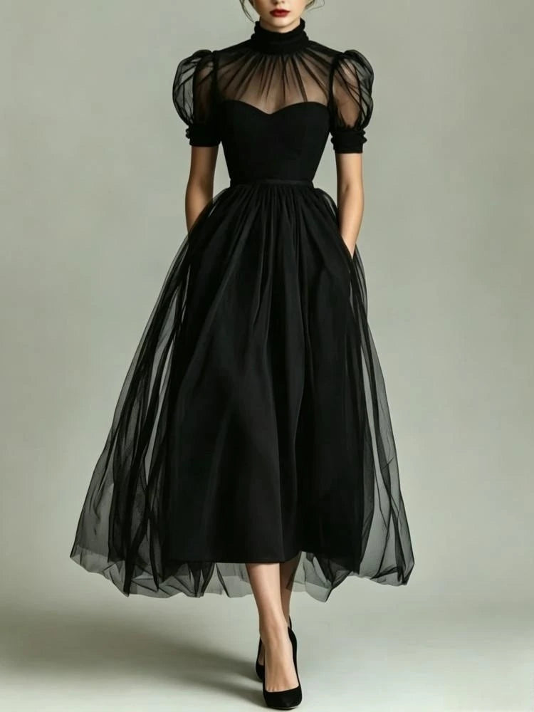 Prom Dress – High Neck Puff Sleeve – A-Line Midi – Black | KIMLUD