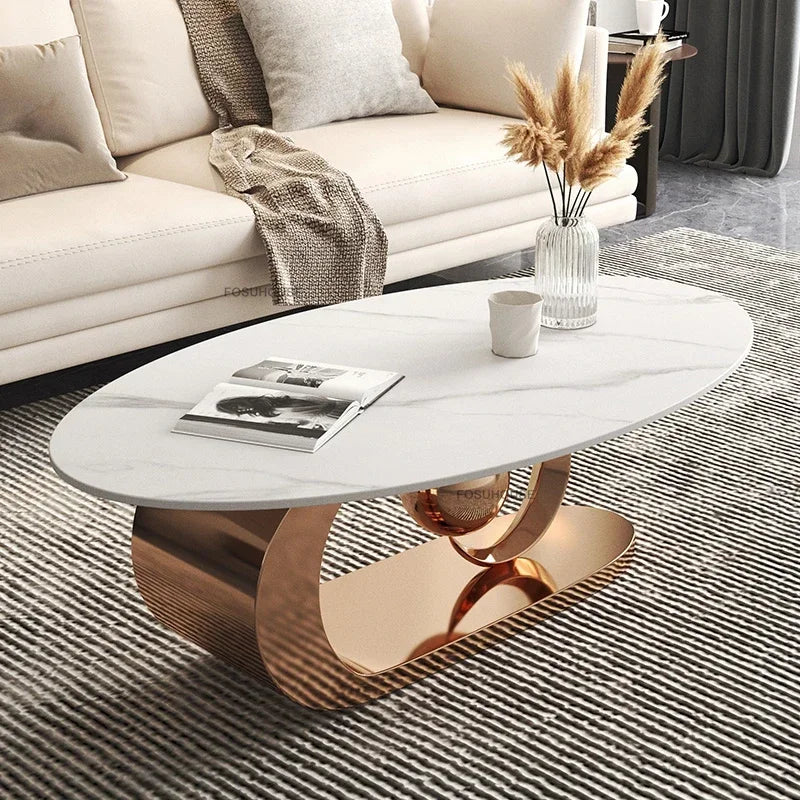 Wrought Iron Oval Coffee Table Marble-Top Italian Rock Plate European Design — Ivory | KIMLUD