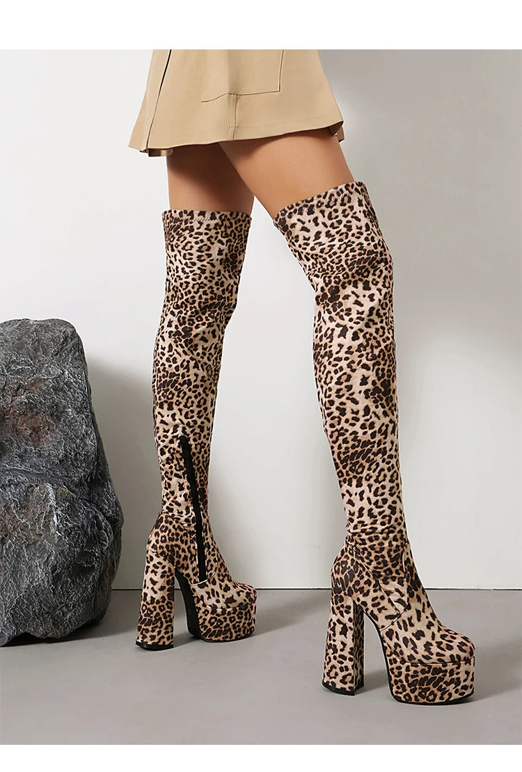 Over The Knee Boots – Leopard Print Velvet – Velvet – Leopard Print | KIMLUD