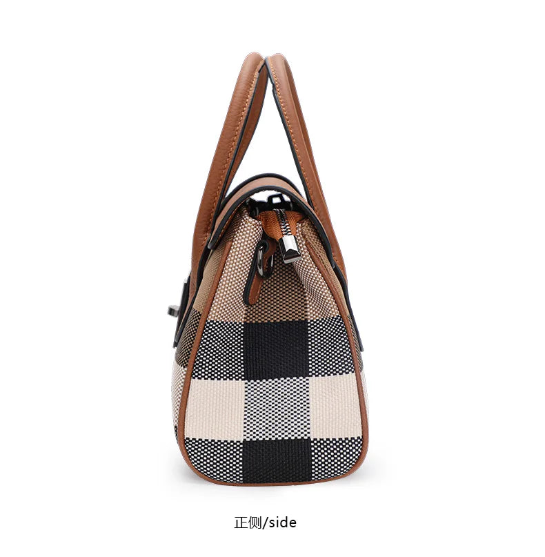 Canvas Patchwork Plaid Shoulder Bag Large Capacity — Tan | KIMLUD