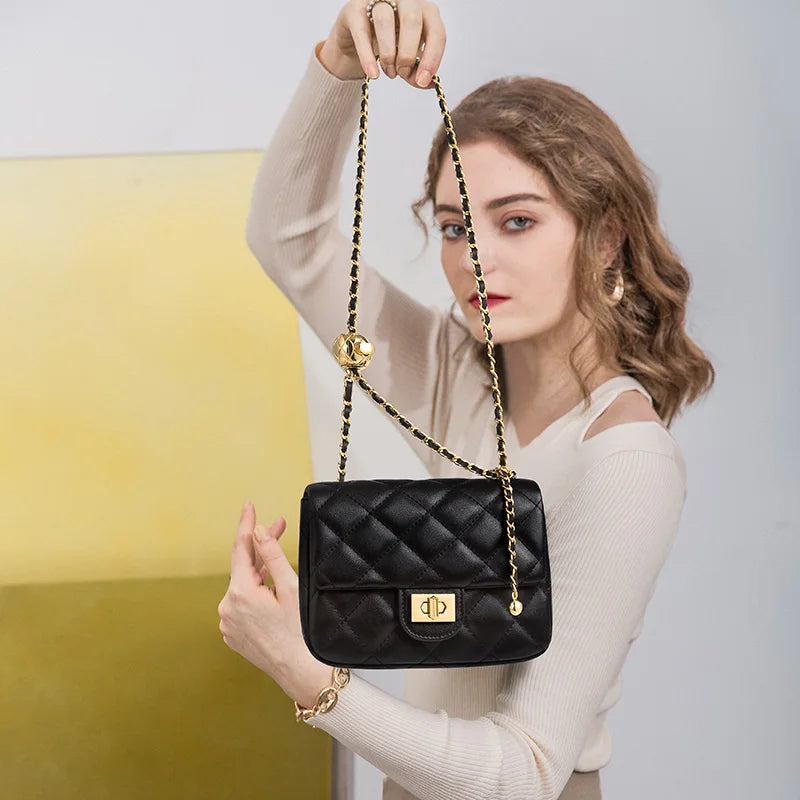 Leather Chain Crossbody Bag With Structured Small Square Silhouette And Polished Hardware — Black | KIMLUD