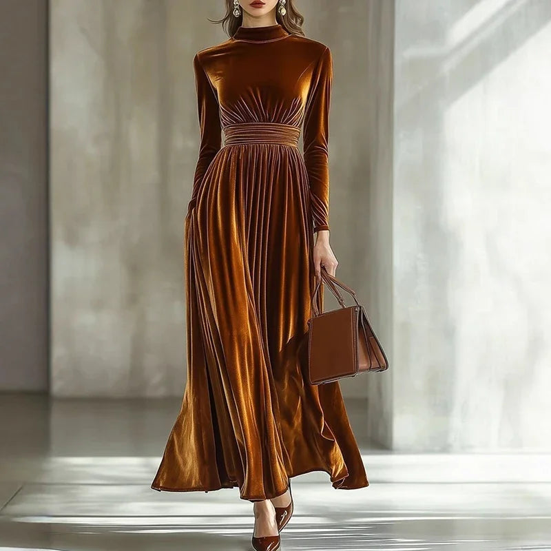 New Autumn Winter Half High Collar Long Sleeve A-Line Maxi Dresses Women Fashion Velvet Party Long Dress Christmas Evening Dress