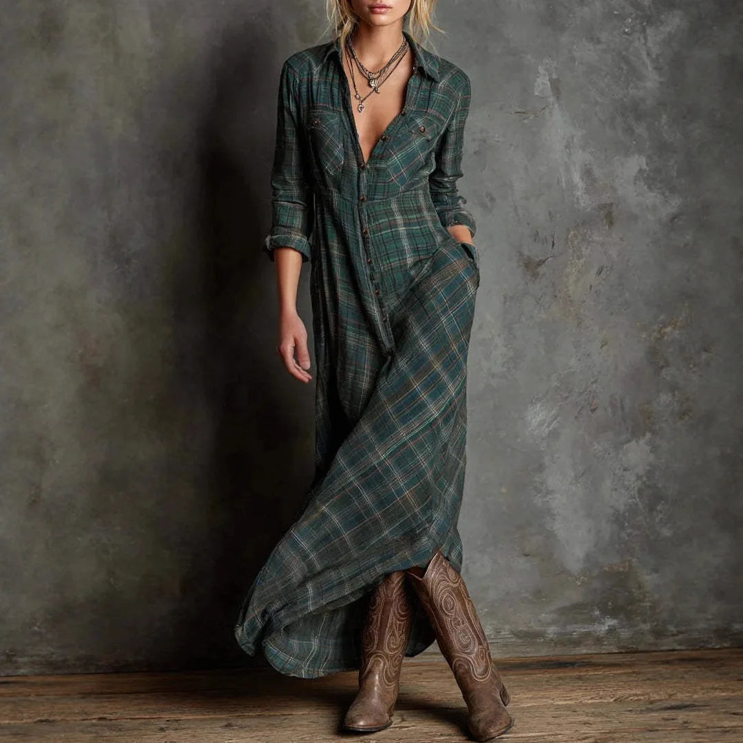 Elegant Long Sleeve Plaid Shirt Dress Fashionable Checkered Collar Dress A- Line Midi Skirt Stylish Commute Wear Polyester Fabri