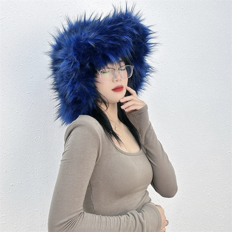 Winter Women Faux Fur Bucket Hat Warm Raccoon Fur Hat Oversize Outdoor Punk Hat Girl Fashion Long Fur Bucket Hat Furry Cute Cap - KIMLUD