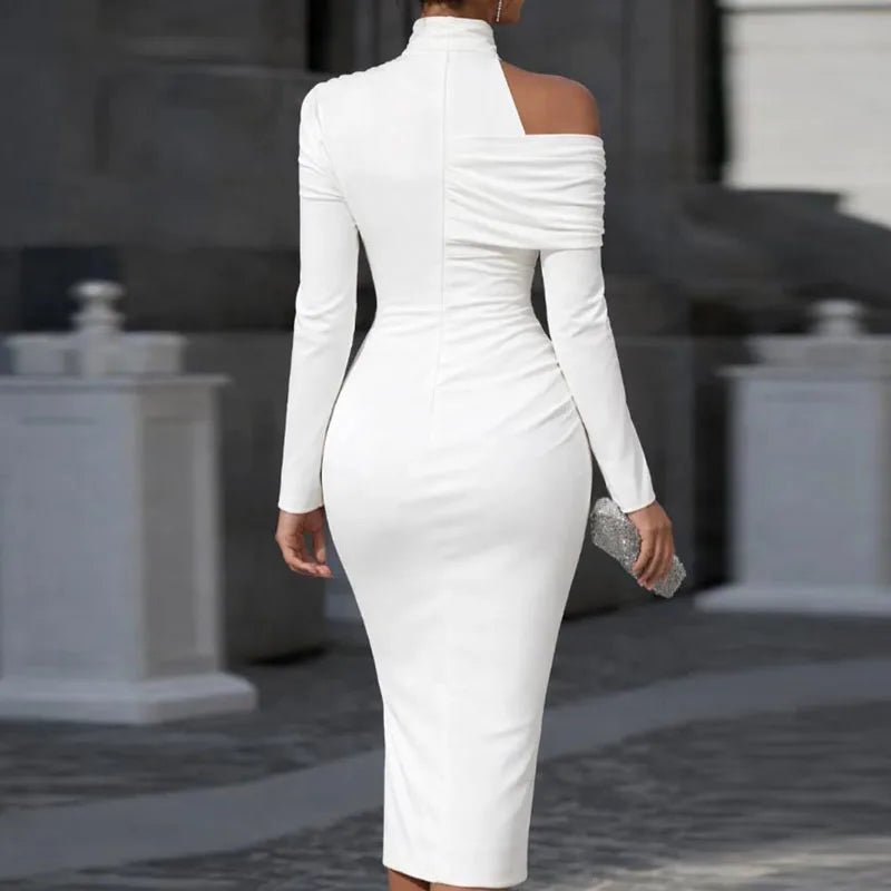 Ruched Off Shoulder Midi Dress High Neck Hollow Slit — Black | KIMLUD