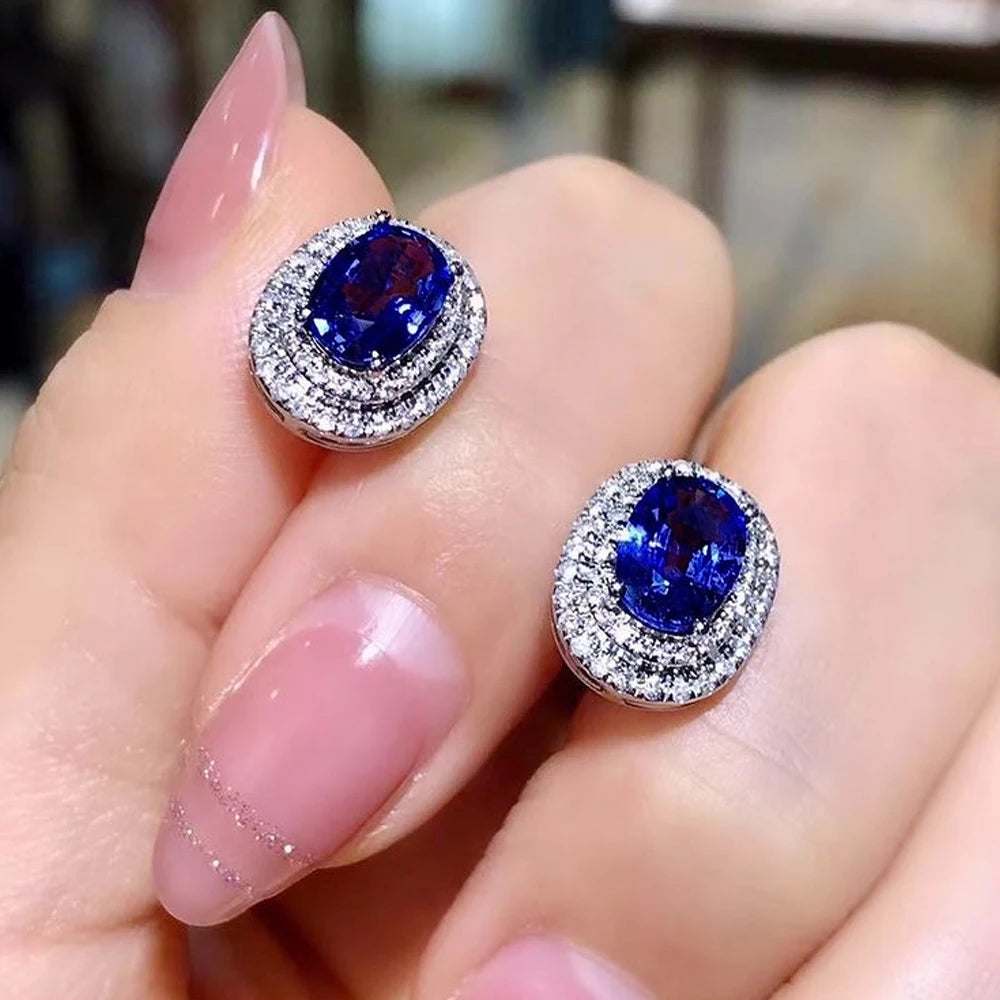 Huitan Gorgeous Blue Cubic Zircon Stud Earrings Temperament Oval Shaped CZ Earrings Wedding Engagement Fashion Jewelry for Women