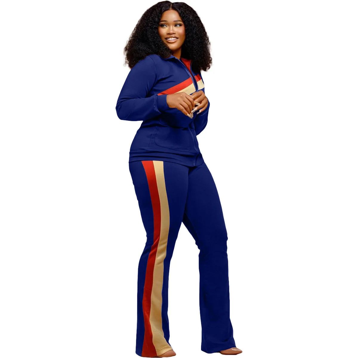 Custom LOGO Spring  Women's Sports Casual Fashion Color-matching Pocket Lapel Zipper Top Straight Pants Two-piece Set S-4XL