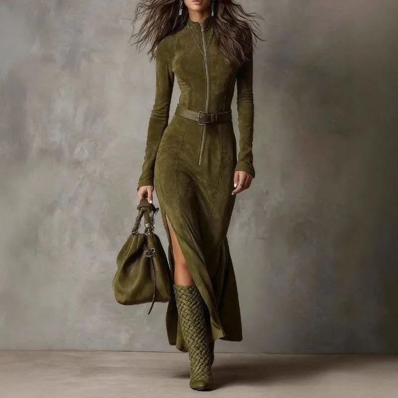 Autumn Long Sleeve Slim Bodycon Dress Woman Vintage Solid Zipper Mermaid Long Evening Dress Elegant O Neck Side Split Maxi Dress