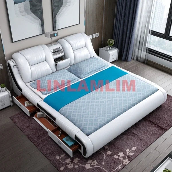 Genuine Leather Bed With Built-In Massage Bluetooth Speaker Air Cleaner Projector And Drawers — White | KIMLUD