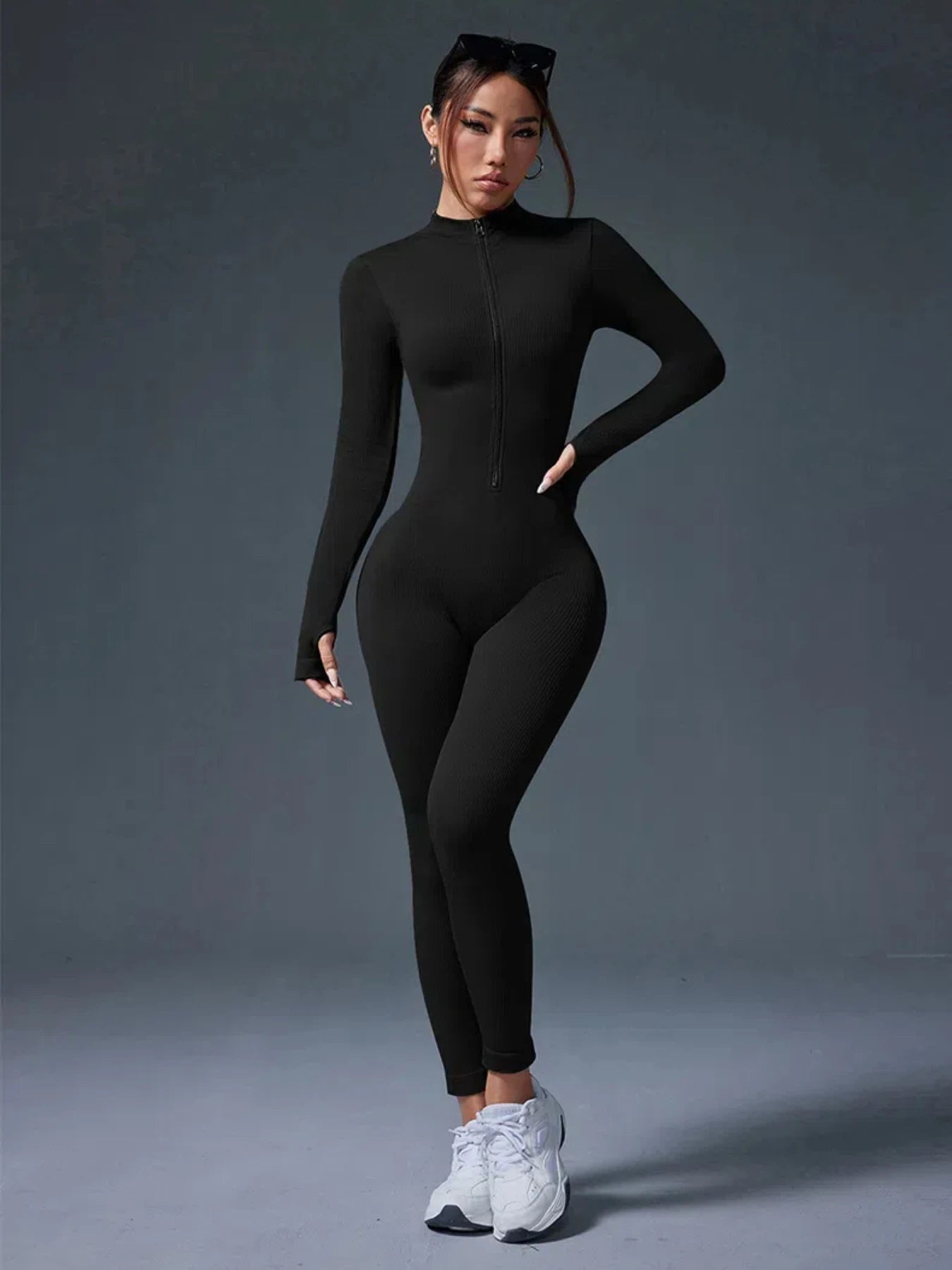 Nylon/Spandex Jumpsuit Half Zip Activewear — Black | KIMLUD