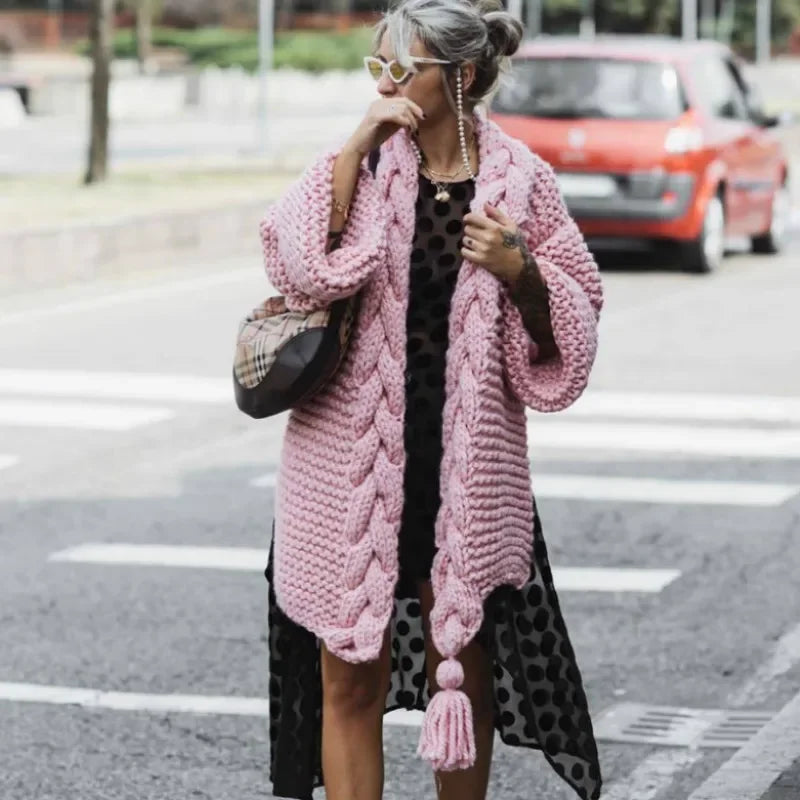 Crocheted Cardigan – Hand-Woven Tassels – Polyester Knit | KIMLUD