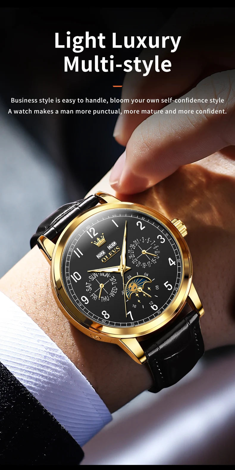 Leather Dress Watch Moon Phase Automatic — Black | KIMLUD