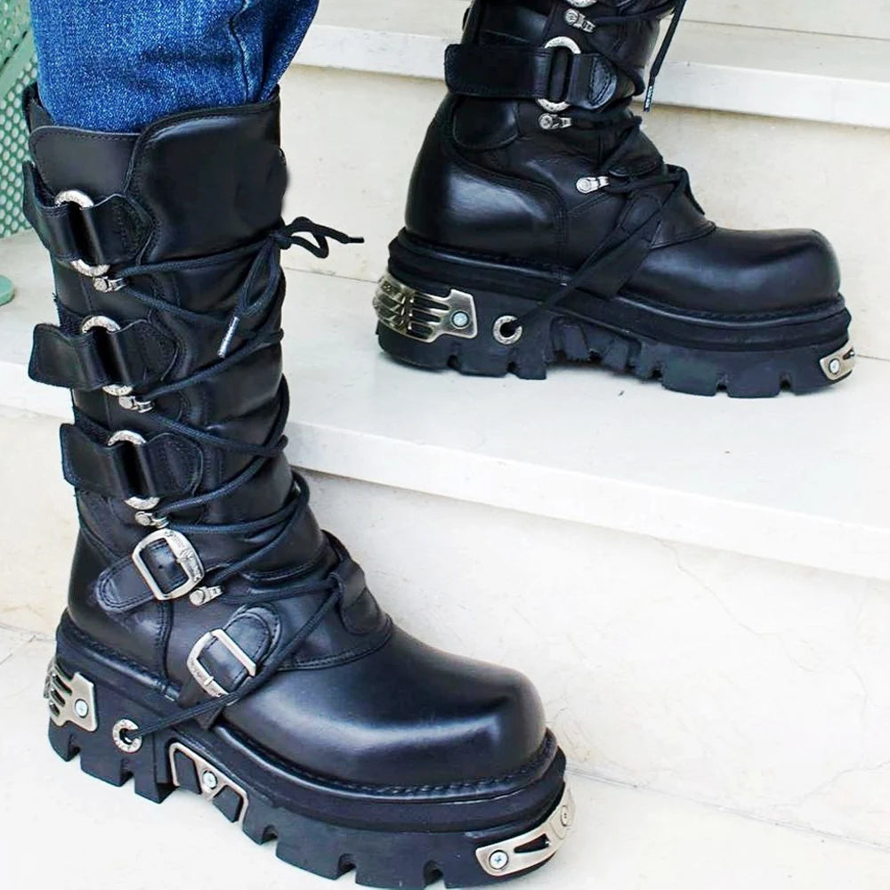 Genuine Leather Motorcycle Boots Goth Skull Embellishment With Metal Hardware — Black | KIMLUD