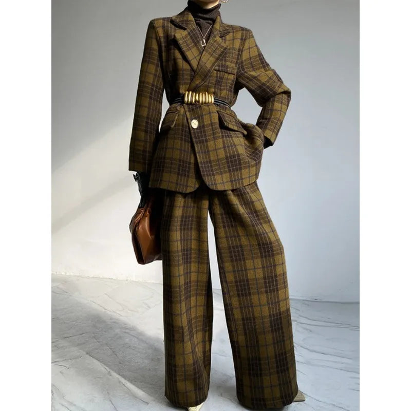 Woolen Blend Jacket Plaid Notch Collar Long Sleeve — Charcoal | KIMLUD