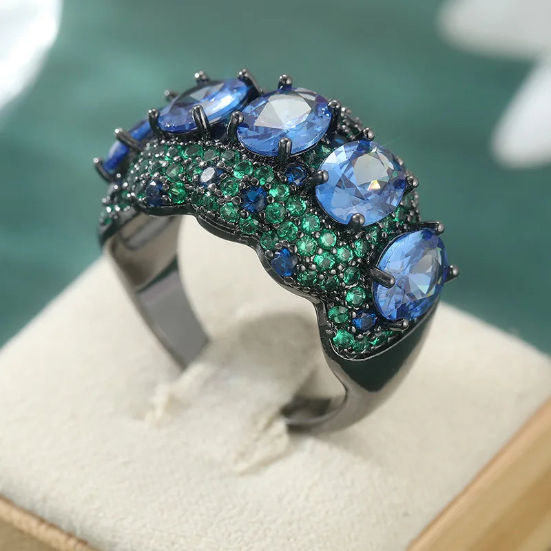 Luxury Inlaid Green Blue CZ Women's Ring Creativity Black Color Geometry Daily Wear Party Jewelry Anniversary Gift