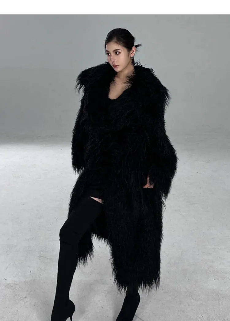 Lautaro Winter Long Black Hairy Shaggy Thick Warm Soft Fluffy Faux Fur Coat Women Sashes Luxury Designer Overcoat Runway Fashion
