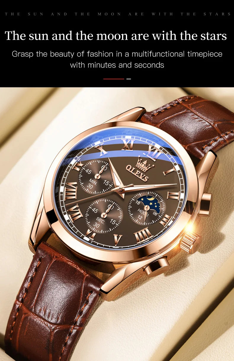 Rose-Gold Chronograph Moon Phase Watch Leather Strap — Black | KIMLUD
