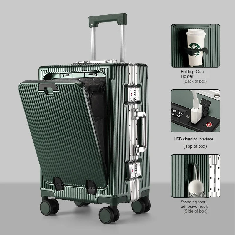 New Suitcase Front Opening Laptop Bag Aluminum  Frame Luggage with USB Port Password Trolley Case Travel Suitcases 20-28 inch