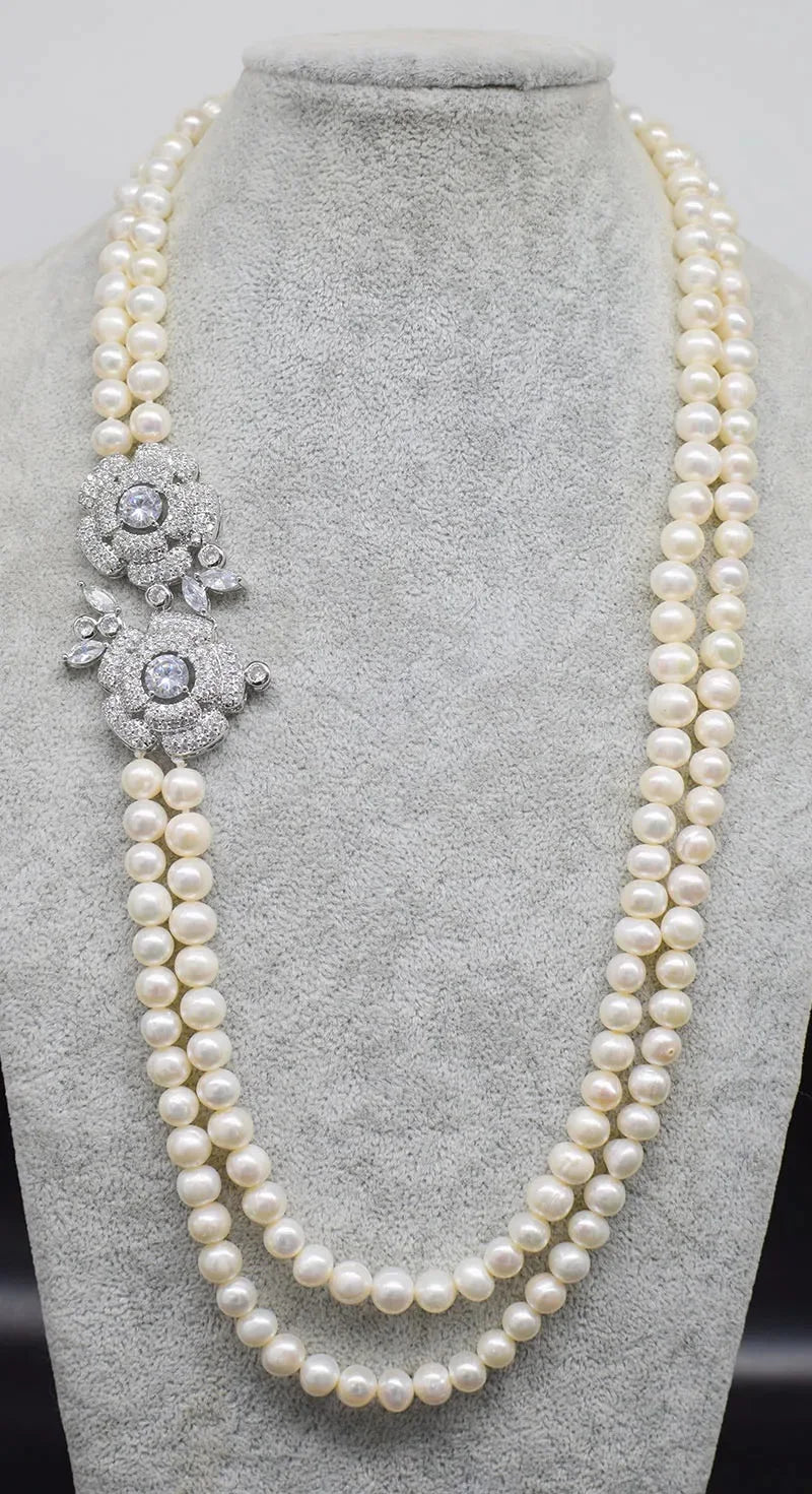 2ROWS freshwater pearl WHITE/GRAY ROUND 8-9MM necklace 24-26" FPPJ wholesale for woman gift