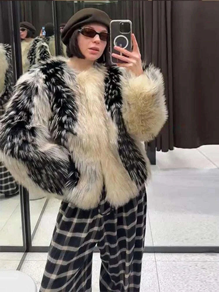 KIMLUD, Elegant  Fur Women's Coat O-neck Long Sleeve Thicken Warm Female Jackets 2025 Winter Fashion Panelled Furry Lady Outwears, KIMLUD Womens Clothes