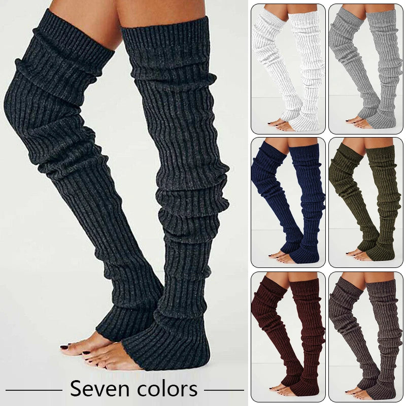 Knitted Cotton Blend Leg Warmers Knee High — Black | KIMLUD