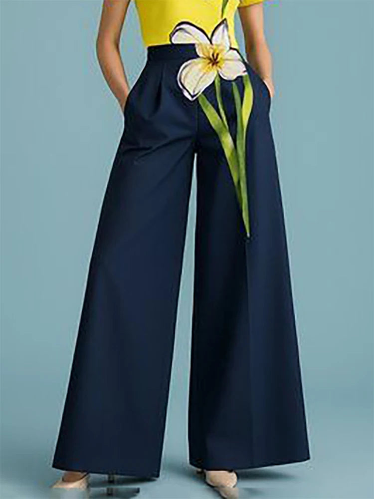 Floral Printed Matching Sets Elastic High-Waist Wide-Leg Pants — Yellow | KIMLUD