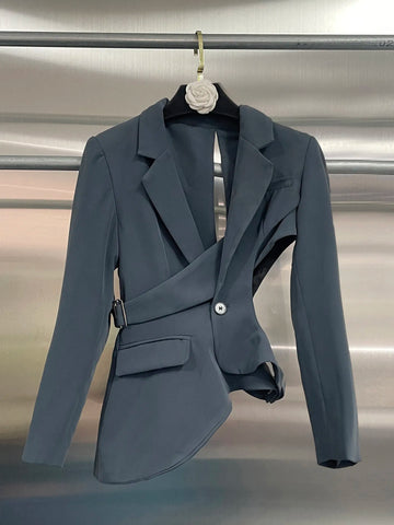 Polyester Cotton Solid Asymmetrical Blazer — Black | KIMLUD