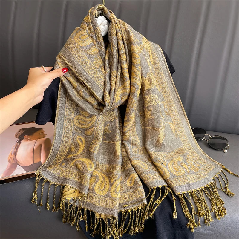 Cashmere Pashmina Shawl With Autumn Print Design, Olive Accents And Gold-Toned Fringe — Red | KIMLUD