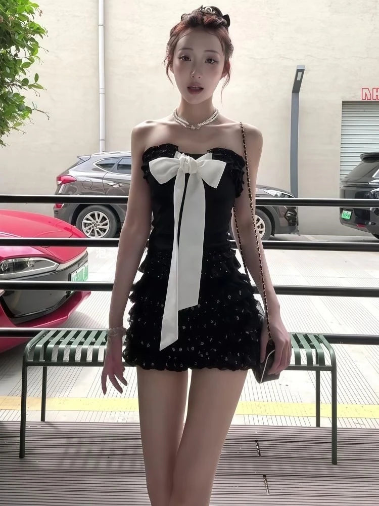 Two-Piece Set – Strapless Top And Mini Skirt – Bow Detail | KIMLUD