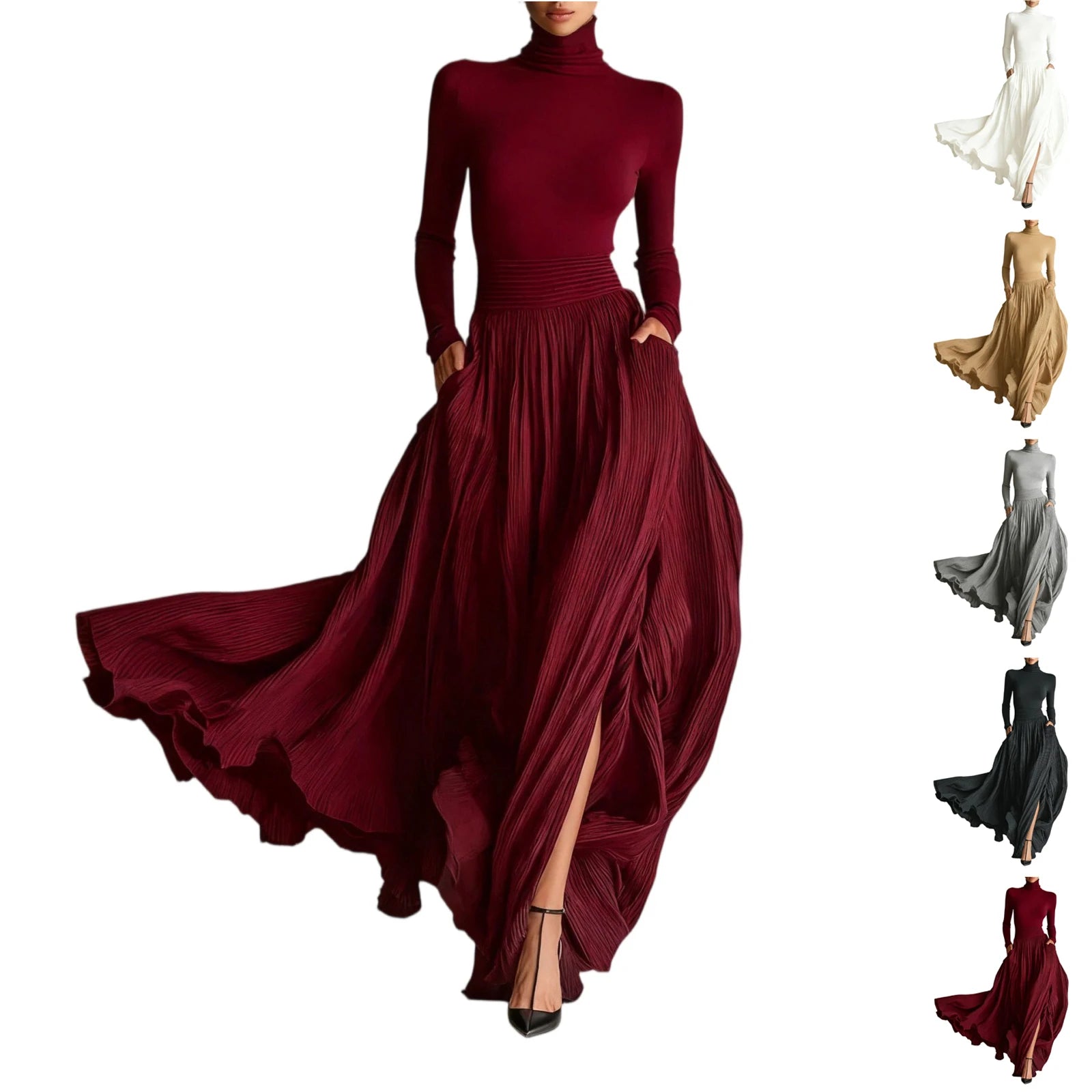 French Retro Elegant Light Luxury Slim-fit Dress for Women Turtleneck Long Sleeve Long Dresses Flowy Dress with a Large Skirt