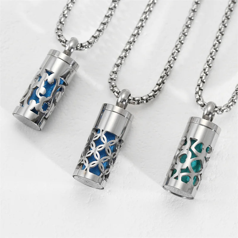 Polished Stainless Steel Necklace Lotus Aromatherapy Pendant — Blue | KIMLUD