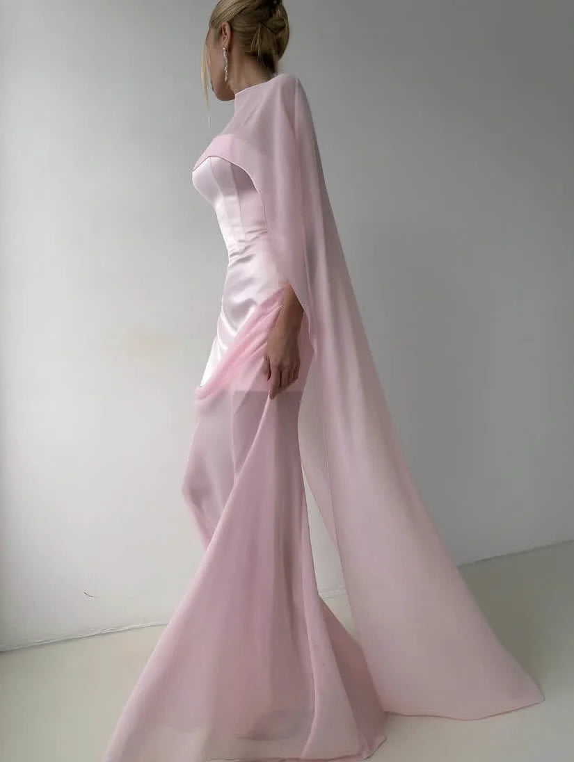Pink Formal Dress with Cloak Backless Custom Made Sexy Prom Gowns See Through Chiffon Spaghetti New Couture Long Prom Dresses